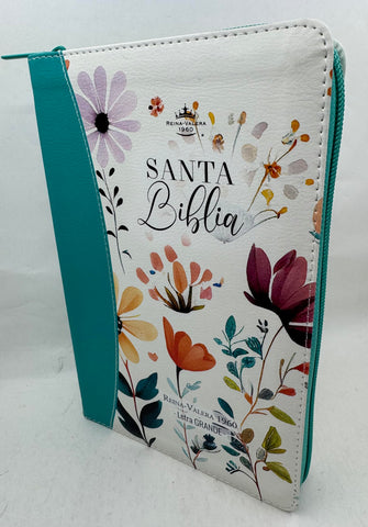 Image of BIBLIA RVR 1960 LETRA GRANDE MANUAL 12 PUNTOS CIERRE JARDIN TURQUESA INDICE CANTO FLORAL