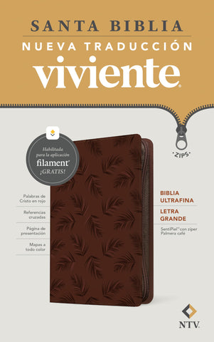 Image of BIBLIA NTV ULTRAFINA LETRA GRANDE CON FILAMENT SIMIL PIEL PALMERA CAFE LETRA ROJA CIERRE