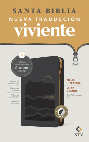 Image of BIBLIA NTV ULTRAFINA LETRA GRANDE CON FILAMENT SIMIL PIEL GRIS INDICE LETRA ROJA CIERRE