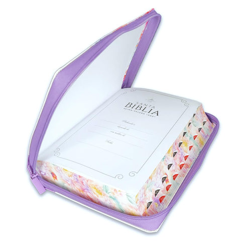 Image of BIBLIA RVR 1960 SUPER GIGANTE JARDIN LILA CANTO PINTADO CIERRE INDICE SIMIL PIEL