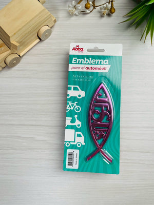 EMBLEMA PARA AUTO 13 CM ICTHUS CON JESUS. ROSA