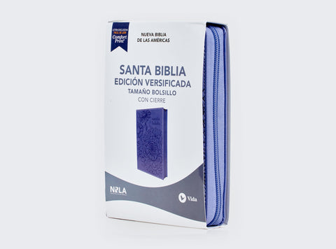 Image of BIBLIA NBLA EDICION VERSIFICADA TAMANO BOLSILLO PIEL MORADO CIERRE PALABRAS DE JESUS EN ROJO COMFORT PRINT