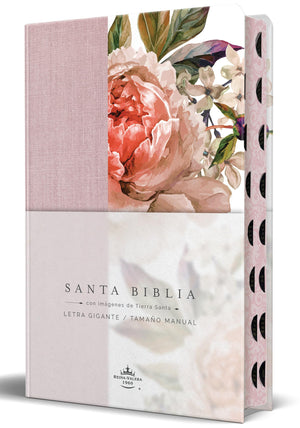 BIBLIA RVR 1960 TAMANO MANUAL LETRA GIGANTE TELA CON FLORES ROSADAS CANTO PINTADO E INDICE