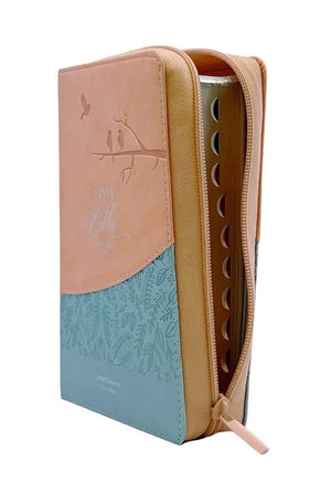 Biblia RVR 1960 Letra Grande Tamaño Manual Pájaros Rosa Azul Símil Piel