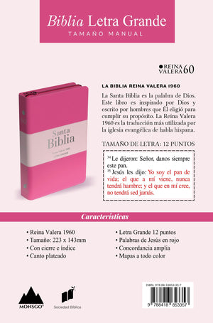 Biblia RVR 1960 Letra Grande Tamaño Manual Tricolor Fucsia Palo Rosa Fucsia con Cierre e Índice