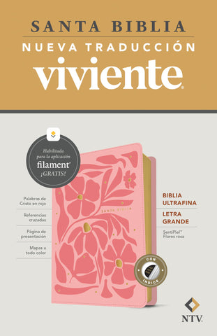 Image of BIBLIA NTV ULTRAFINA LETRA GRANDE CON FILAMENT SIMIL PIEL FLORES ROSA INDICE LETRA ROJA