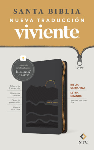 Image of BIBLIA NTV ULTRAFINA LETRA GRANDE CON FILAMENT SIMIL PIEL GRIS LETRA ROJA CIERRE
