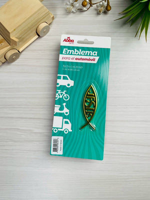 EMBLEMA PARA AUTO 8 CM ICTHUS CON JESUS. DORADO