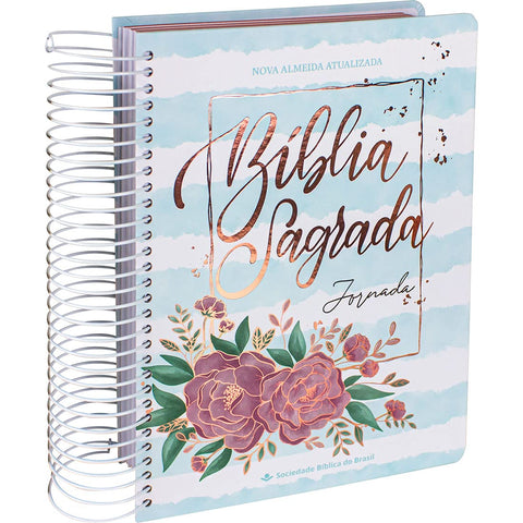 Image of BIBLIA EM PORTUGUES NA083JR TAPA DURA ESPIRAL FLORES FONDO AZUL CLARO CANTO PINT