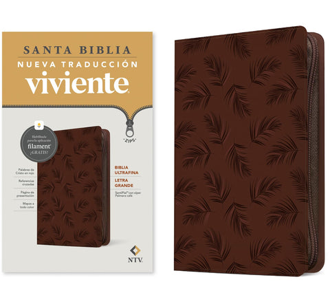 Image of BIBLIA NTV ULTRAFINA LETRA GRANDE CON FILAMENT SIMIL PIEL PALMERA CAFE LETRA ROJA CIERRE