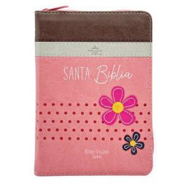 Biblia RVR 1960 Bolsillo Café Beige Rosa con Flores Símil Piel con Cierre