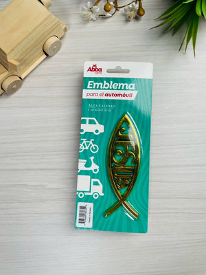 EMBLEMA PARA AUTO 13 CM ICTHUS CON JESUS. DORADO