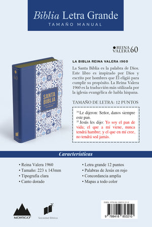 Biblia RVR 1960 Letra Grande Tamaño Manual Símil Piel Azul Claro