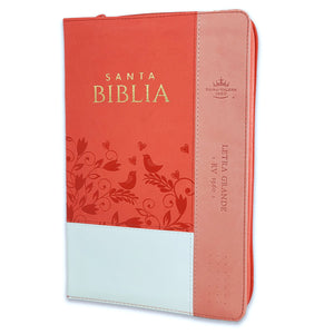 Biblia RVR 1960 Letra Grande Tamaño Manual Tricolor Blanco Coral Pájaros Símil Piel con Índice y Cierre