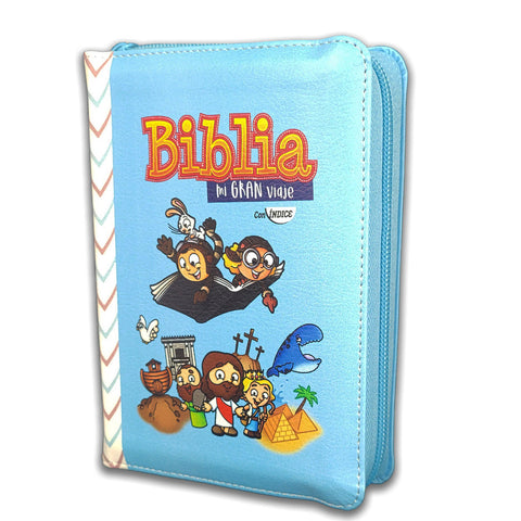 Image of Biblia RVR 1960 para Niños Mi Gran Viaje Azul Símil Piel con Índice con Cierre