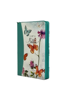 Image of Biblia RVR 1960 Letra Gigante Símil Piel Mariposas Turquesa con Índice y Cierre